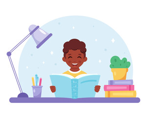 Black boy reading book. Boy studying with a book. Vector illustration