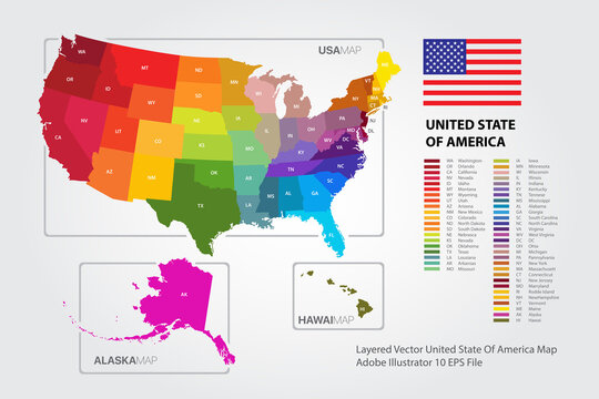 Colorful United States of America map vector of the  drawn with high detail and accuracy. 