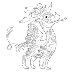Fancy dragon on white background. Contour linear illustration for coloring book with fantasy reptile.  Anti stress picture. Line art design for adult or kids  in zentangle style and coloring page.