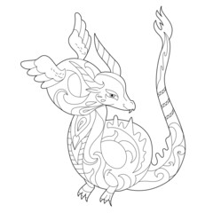 Fancy dragon on white background. Contour linear illustration for coloring book with fantasy reptile.  Anti stress picture. Line art design for adult or kids  in zentangle style and coloring page.
