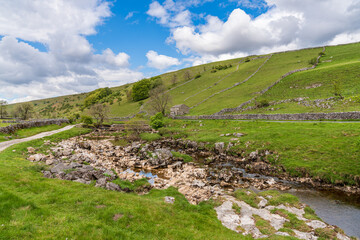 Yorkshire Dales landscape with the River Wharfe in Deepdale, North Yorkshire, England, UK