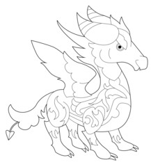 Fancy dragon on white background. Contour linear illustration for coloring book with fantasy reptile.  Anti stress picture. Line art design for adult or kids  in zentangle style and coloring page.