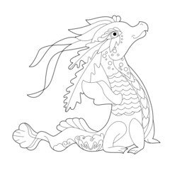 Fancy dragon on white background. Contour linear illustration for coloring book with fantasy reptile.  Anti stress picture. Line art design for adult or kids  in zentangle style and coloring page.