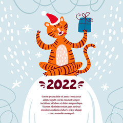 Vector colorful poster with cartoon tiger. Background on the theme of Happy New Year, celebration, party, presents and gifts