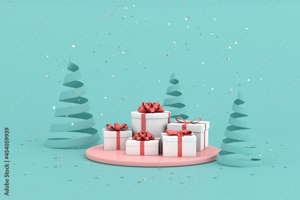 Poster minimal trendy scene of gift boxes and golden confetti particles on green background, 3d rendering.