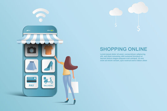 Online shopping store with lady, item products and shop elements. Vector illustration 3D. Mobile Application Vector Concept Marketing and Digital marketing.