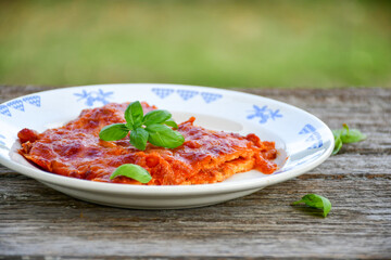   Delicious Home made keto diet  Lasagna bolognese  with  Lupin Flour, minced meat,tomato sauce and spinach  on a wooden rustic  background.Home made low carb italian meal