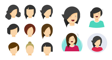 Hairstyle woman face icon vector flat cartoon style for fashion haircut illustration isolated, yang character person portrait pictogram for avatar or my account member idea symbol, user sign bundle