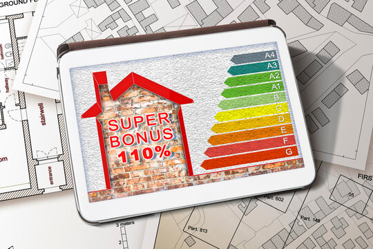 Concept italian state bonus, called Super Bonus, Sisma Bonus or Eco Bonus 110%, and money concession for the construction of building works to improve the thermal efficiency of buildings