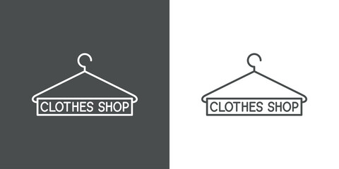 Logotipo con texto Clothes en silueta de percha con lineas en fondo gris y fondo blanco