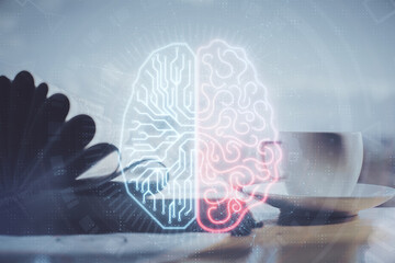 Double exposure of brain drawing and desktop with coffee and items on table background. Concept of research.