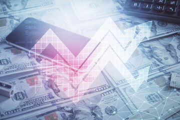 Double exposure of grow arrows drawing over usa dollars bill background. Concept of success.