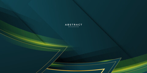 Abstract luxury geometric green background with gold lines background vector design template. Premium Graphic design element with golden frame