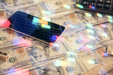 Double exposure of data theme drawing over us dollars bill background. Technology concept.