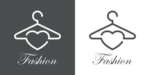 Logotipo con texto Fashion y silueta de percha con corazón en fondo gris y fondo blanco