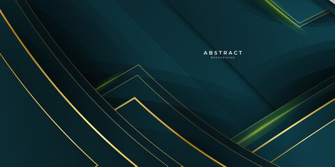 Abstract luxury geometric green background with gold lines background vector design template. Premium Graphic design element with golden frame