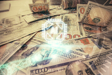 Double exposure of data theme drawing over us dollars bill background. Technology concept.
