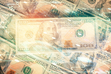 Double exposure of data theme drawing over us dollars bill background. Technology concept.