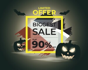 Vector illustration of Happy Halloween sale, square shiny golden frame wrapped with light balls and confetti, flying bats, scary pumpkins, upto 50% off offer, shop now, template for websites.