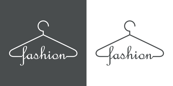 Logotipo con silueta de percha con texto manuscrito Fashion escrito a mano en fondo gris y fondo blanco