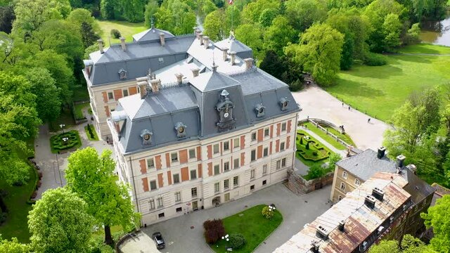 Drone 4k video of Castle in Pszczyna town in Silesia region of Poland