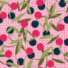 Vector green blue pink berries grid repeat pattern