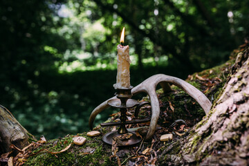 Burning candle in enchanted forest. Occult, esoteric concept.