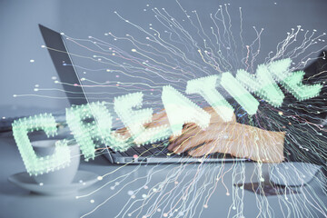 Double exposure of woman hands typing on computer and creative drawing. Start up concept.