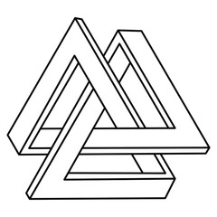 Impossible triangles. Optical illusion figure. Endless triangular shapes. Abstract infinite geometric object. Impossible eternal figure isolated on a white background. Vector illustration. Op art.