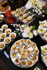 luxury buffet party dining catering with decoration in asian fusion halal canapés menu at beautiful hotel restaurant vip ballroom lounge