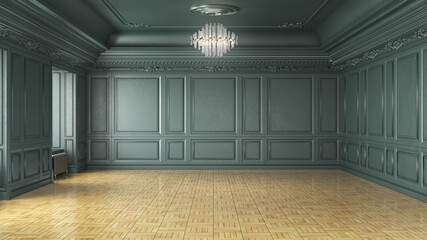 3D render of a classic empty hall decorated in green color with wooden floor. 3d illustration - obrazy, fototapety, plakaty