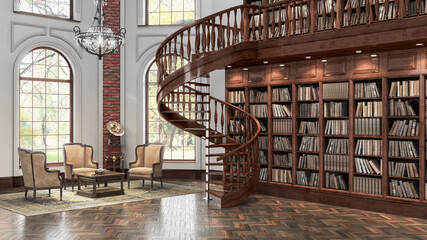 3D render of a stair in classic interior with library. The interior is made of mahogany and brown parquet. 3d illustration - obrazy, fototapety, plakaty
