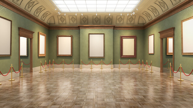 3D render of a classic gallery hall decorated in green color with wooden floor. 3d illustration