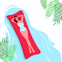 A young woman in a swimsuit lies on a mattress and floats on the water. Vector flat illustration. Summer time.