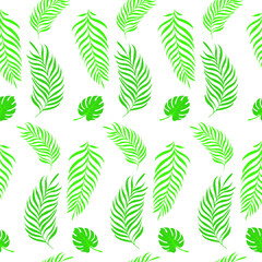 Seamless pattern with tropical leaves: palm and monstera. 