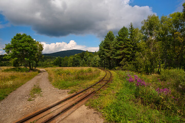 Krajobraz z górami łąką i torami kolejowymi