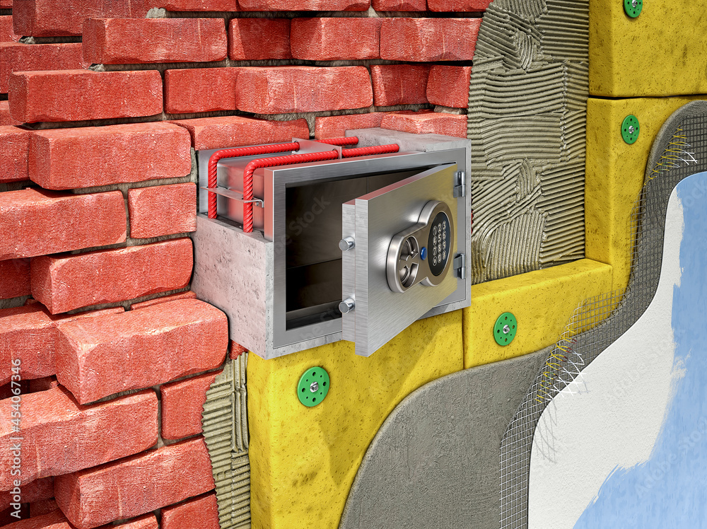 Wall mural Installation of a steel safe in a brickwall with insulation layers, safe installation concept, 3d illustration