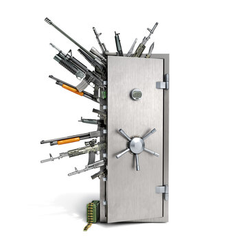 Gun Locker Concept, Weapons Looking Out Of An Opened Up Steel Safe, 3d Illustration