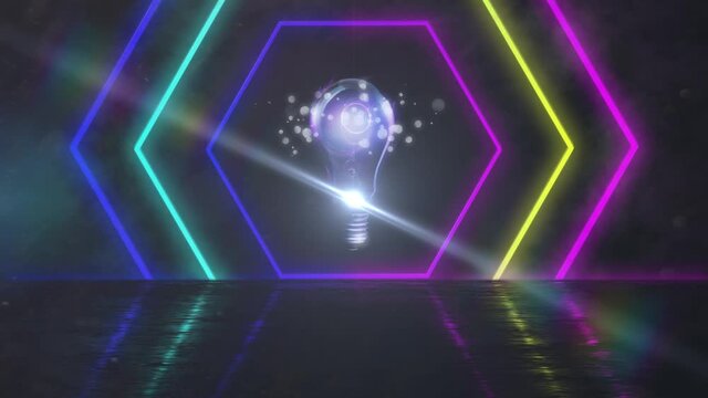 Animation of light bulb with neon hexagons on black background