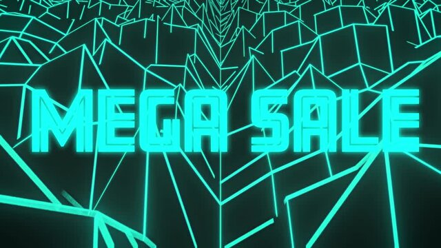 Animation of mega sale text in white and blue letters with abstract shapes on dark background