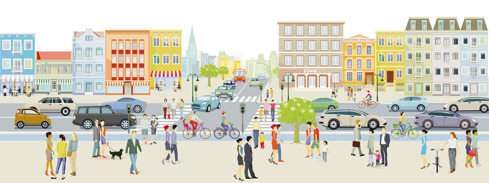 Stadtsilhouette mit Straßenverkehr und Menschen auf dem Bürgersteig, Illustration