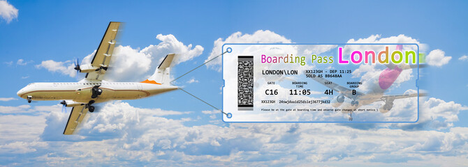 Plane towing a airplane ticket - Fly to London concept image