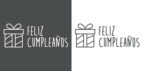Logotipo con texto manuscrito Feliz Cumpleaños en español escrito a mano con silueta de caja de regalo con lineas en fondo gris y fondo blanco
