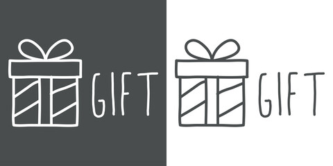 Logotipo con texto manuscrito Gift escrito a mano con silueta de caja de regalo con lineas en fondo gris y fondo blanco © teracreonte