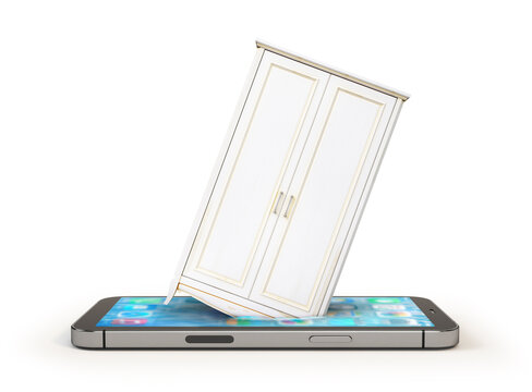 Wardrobe sinks in the smartphone screen isolated on white background. Online shopping concept. 3d illustration.