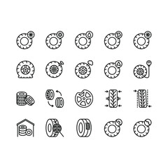 Tire, Tyre and wheel flat line icons set. Car wheel summer and winter icon. Tyre maintenance. Automobile wheel balancing service. Simple flat vector illustration for web site or mobile app
