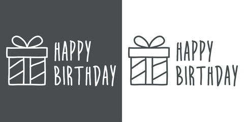 Logotipo con texto manuscrito Happy Birthday escrito a mano con silueta de caja de regalo con lineas en fondo gris y fondo blanco