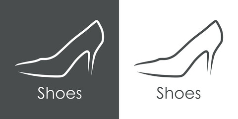 Tienda de zapatos. Logotipo con texto Shoes con silueta de zapato de mujer de tacón alto con lineas en fondo gris y fondo blanco