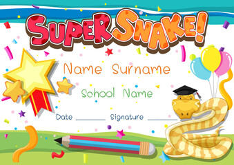 Diploma or certificate template for school kids with super snake