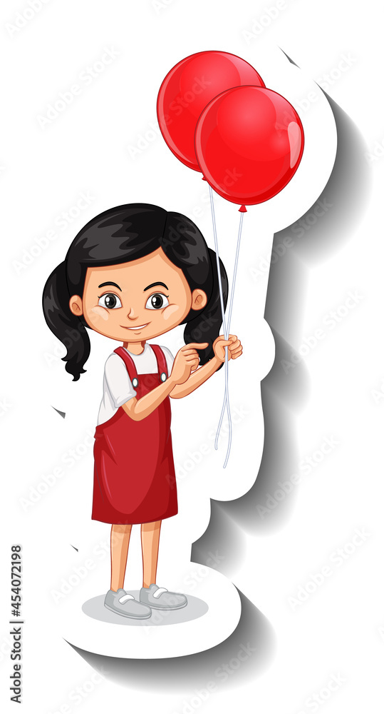 Poster Cartoon character of girl holding many balloons cartoon sticker